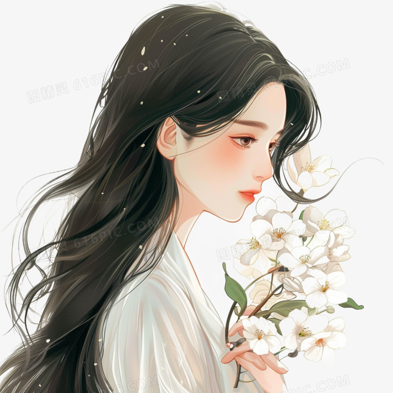 插画风女孩手捧鲜花免抠素材