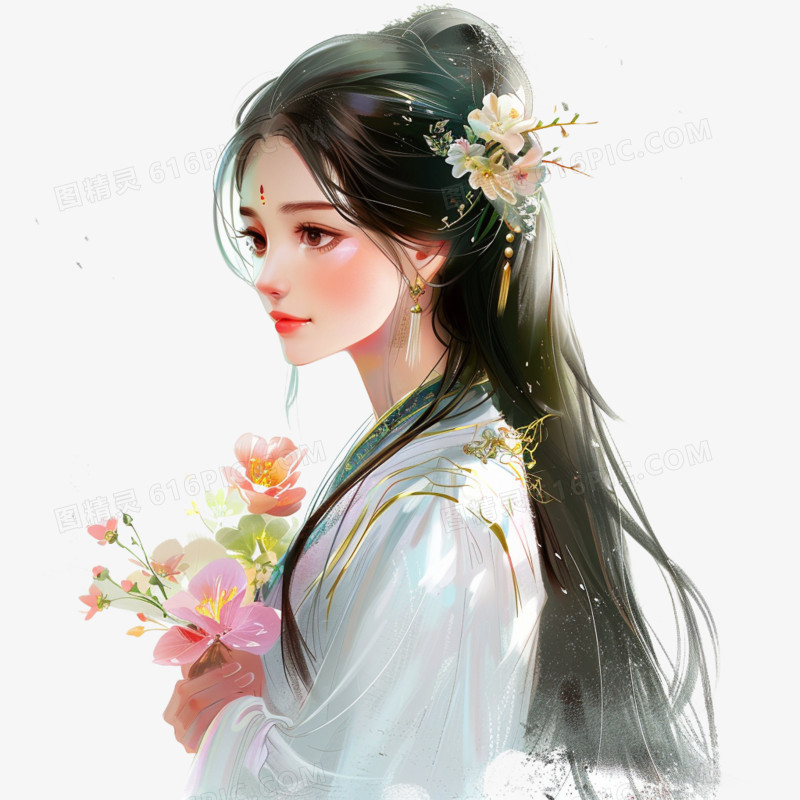 插画风女孩手捧鲜花免抠素材