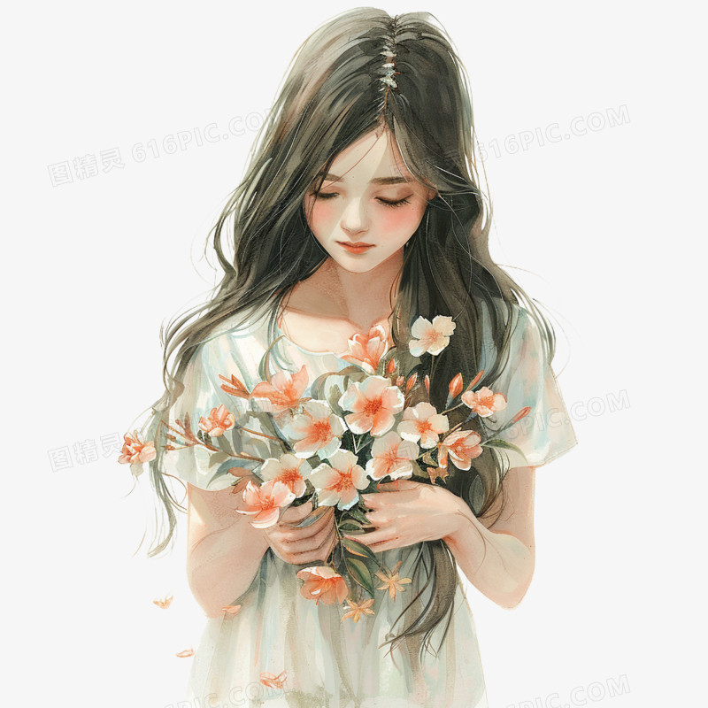 插画风女孩手捧鲜花免抠素材