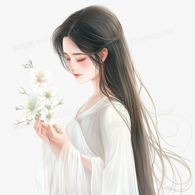 插画风女孩手捧鲜花免抠素材