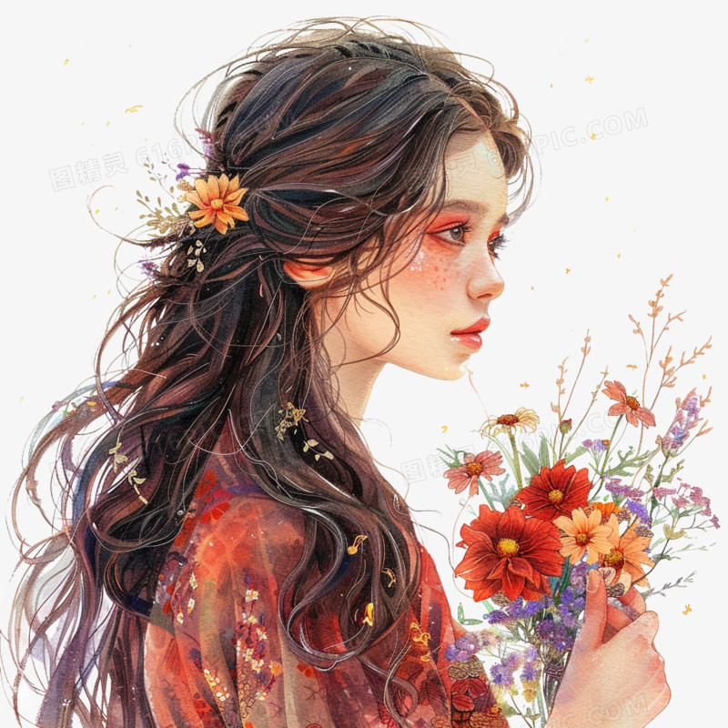 插画风女孩手捧鲜花免抠素材