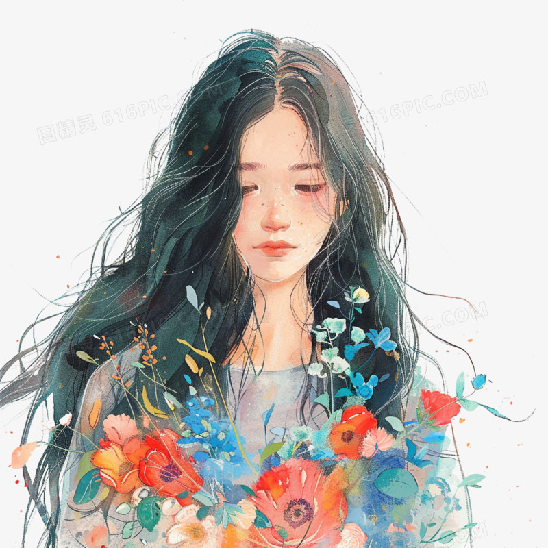 插画风女孩手捧鲜花免抠素材
