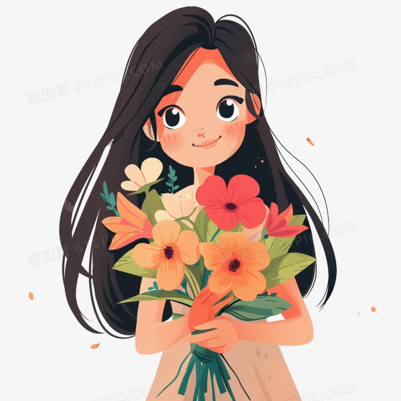 插画风女孩手捧鲜花免抠素材
