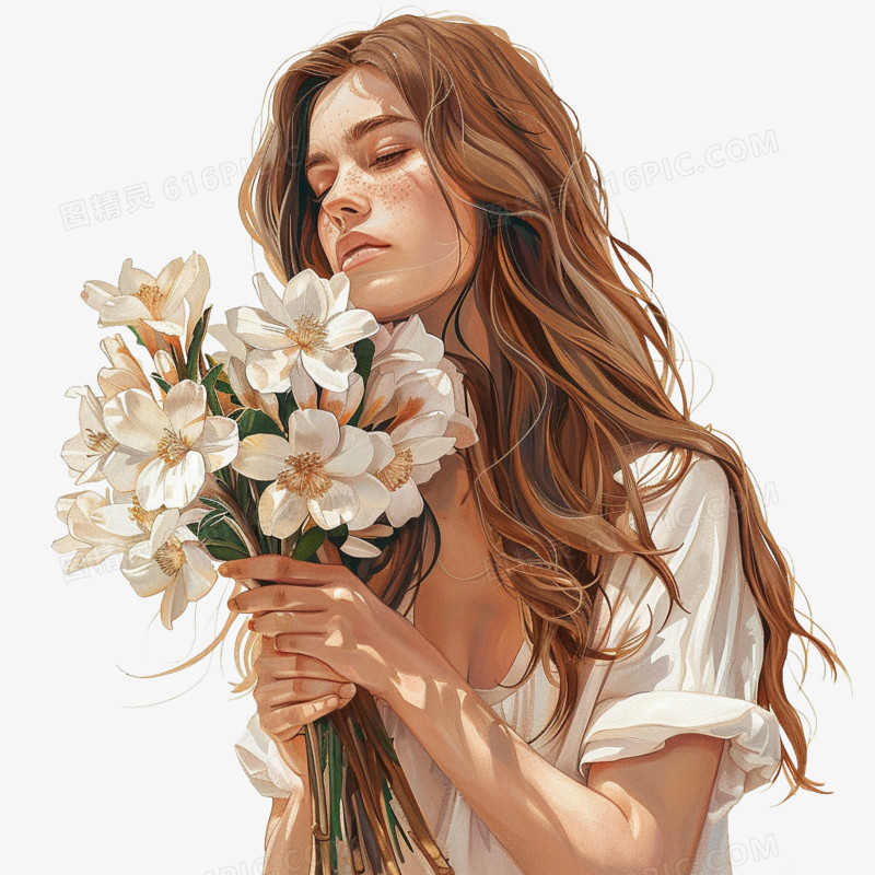 插画风女孩手捧鲜花免抠素材