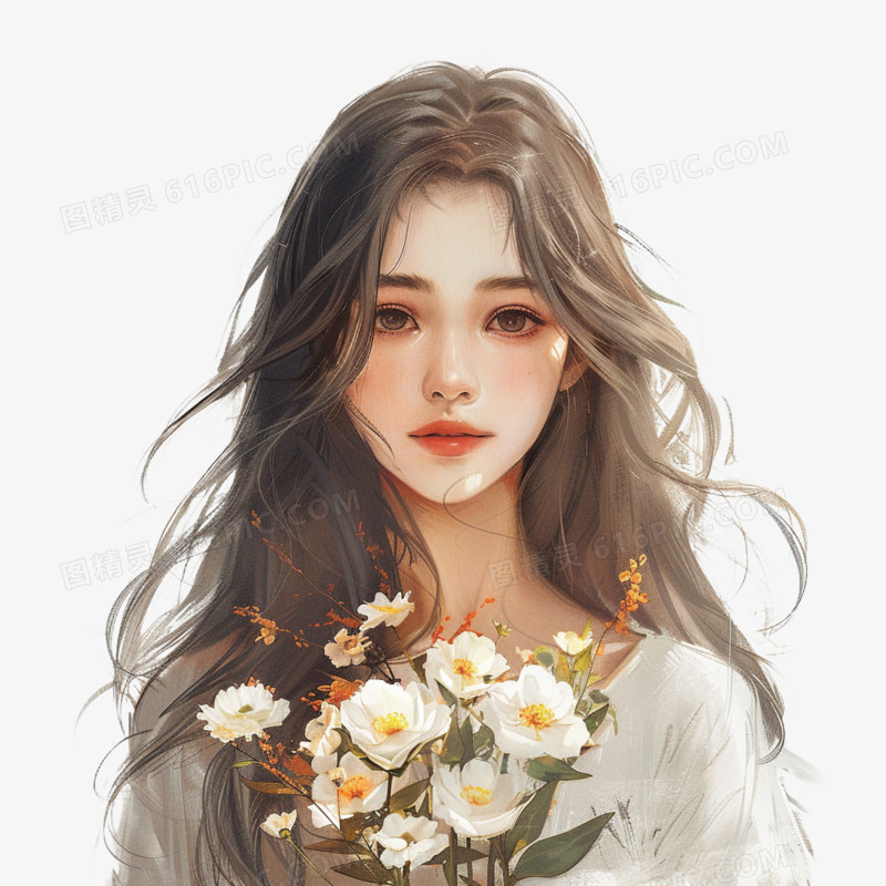 插画风女孩手捧鲜花免抠素材