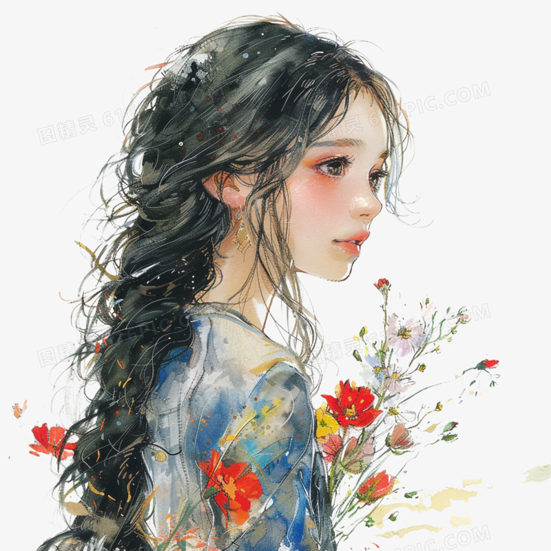 插画风女孩手捧鲜花免抠素材