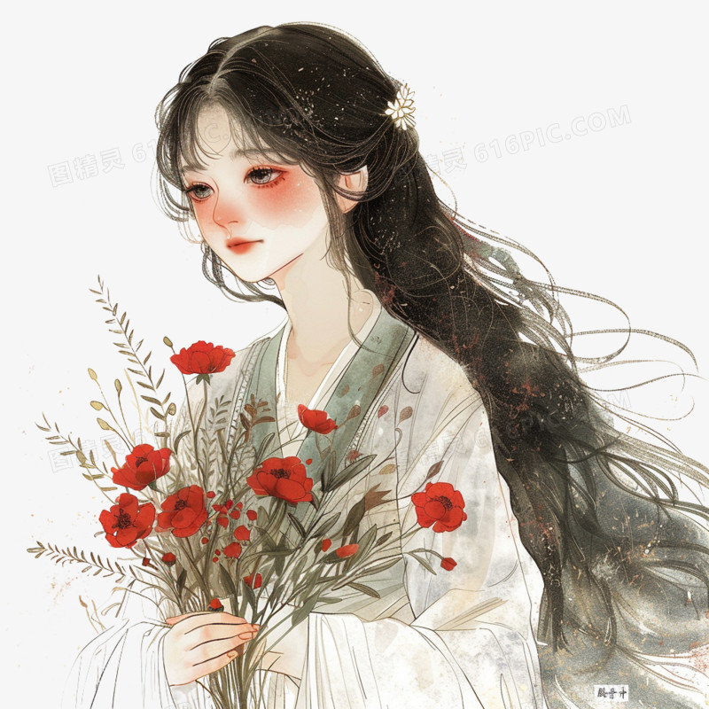 插画风女孩手捧鲜花免抠素材
