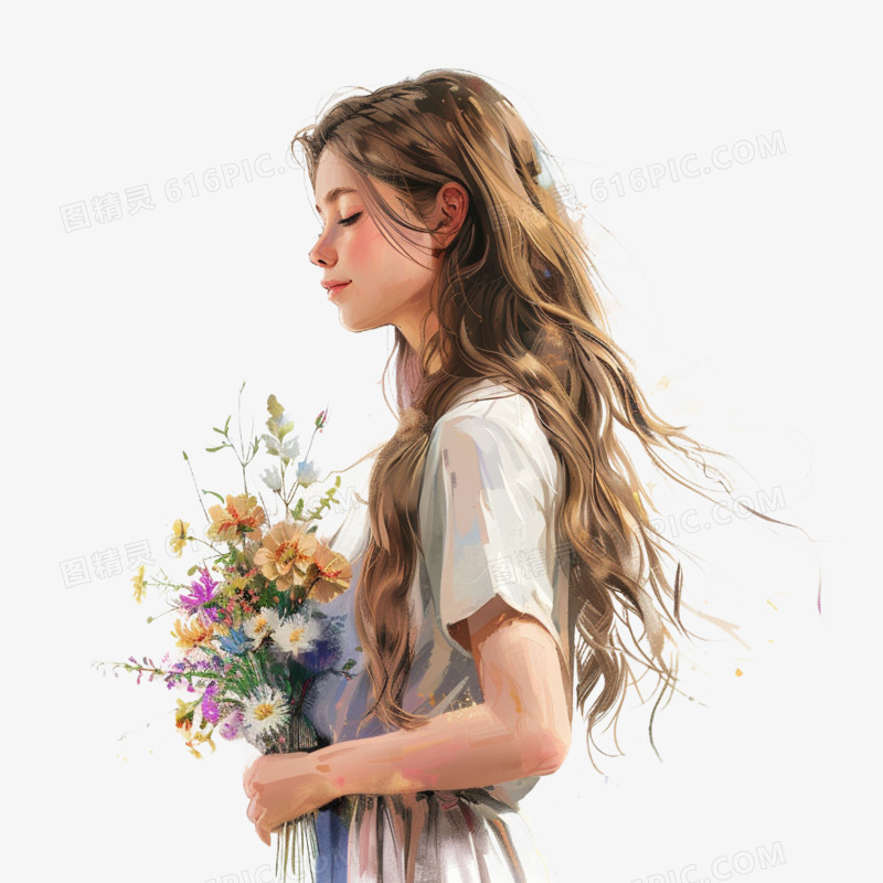 插画风女孩手捧鲜花免抠素材