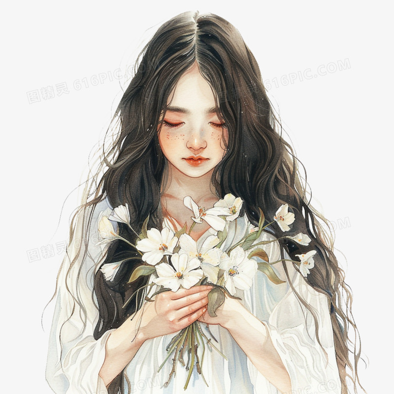 插画风女孩手捧鲜花免抠素材