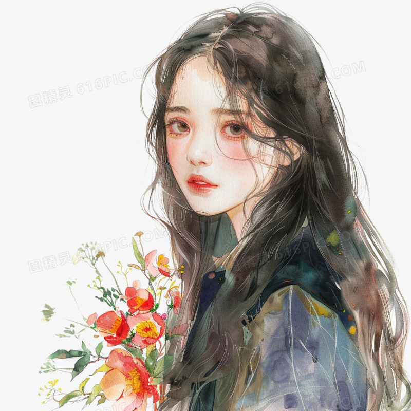 插画风女孩手捧鲜花免抠素材
