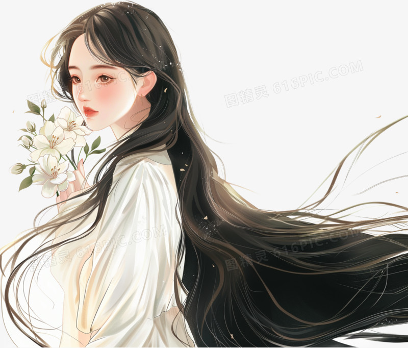 插画风女孩手捧鲜花免抠素材
