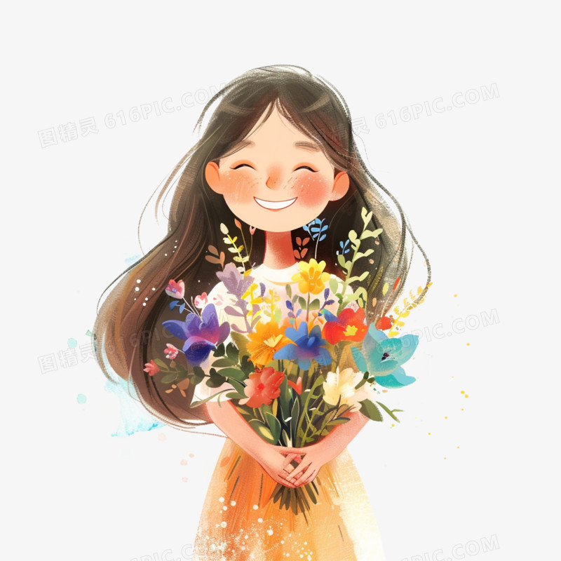 插画风女孩手捧鲜花免抠素材