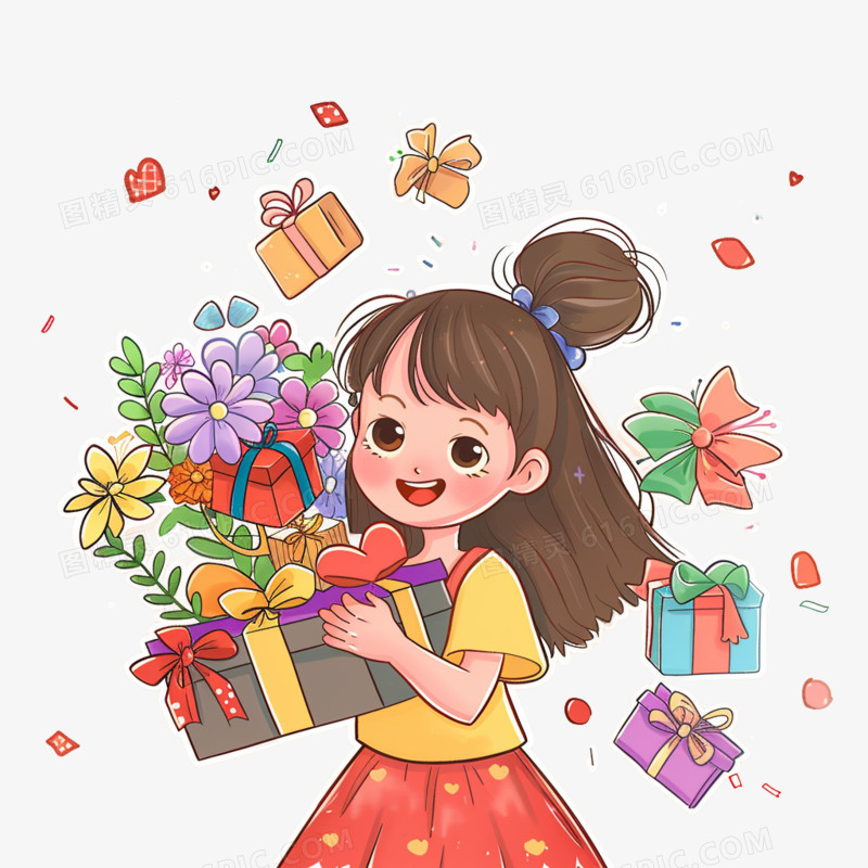 插画风女孩礼物免抠素材