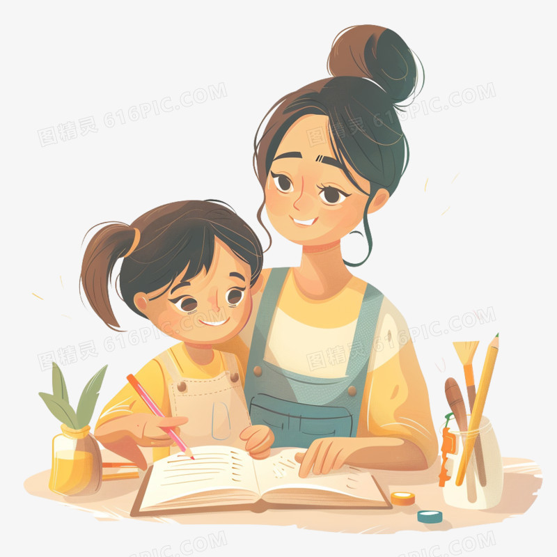 插画风母子时光免抠素材