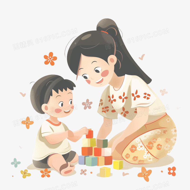 插画风母子时光免抠素材