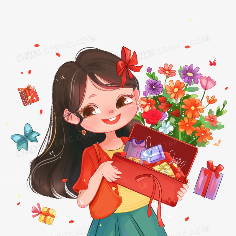 插画风女孩礼物免抠素材