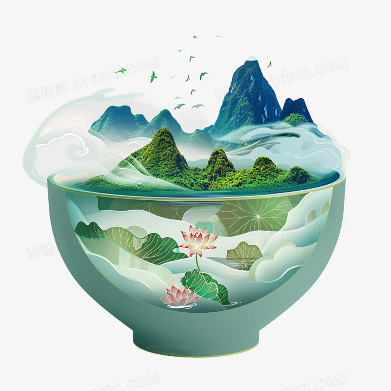 插画风碗中山水免抠素材