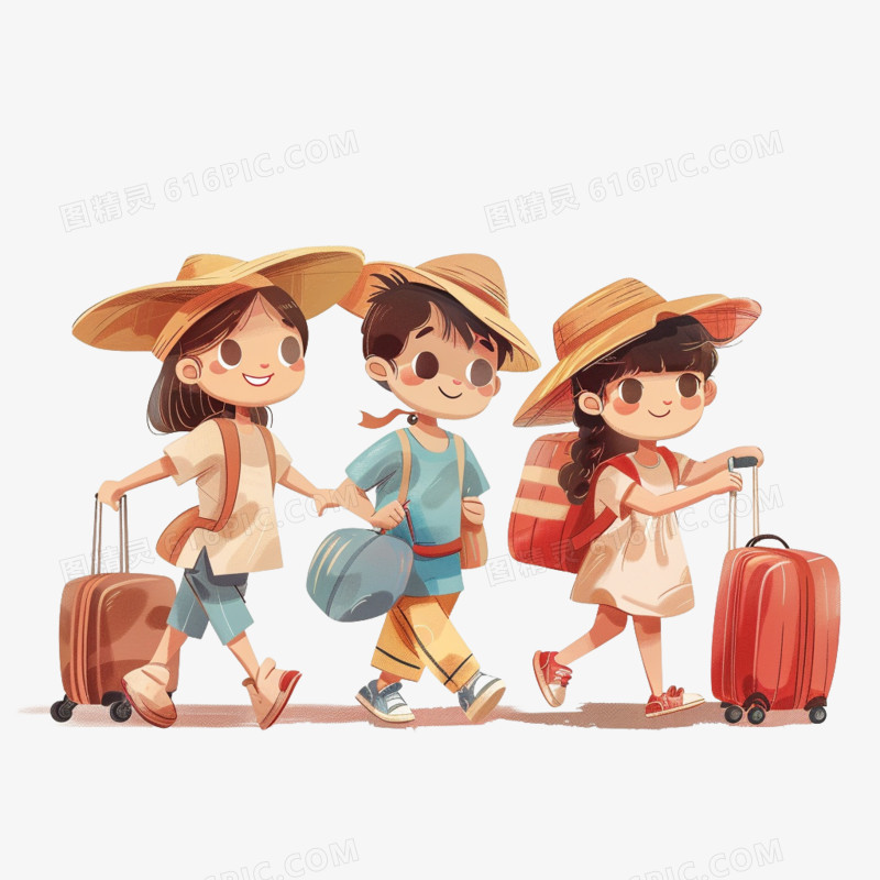 插画风小孩旅游免抠素材