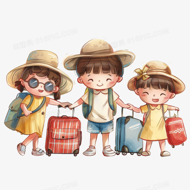 插画风小孩旅游免抠素材