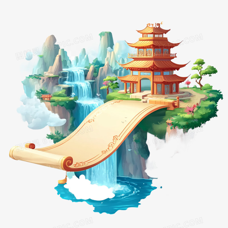 手绘插画精美国潮风唯美场景