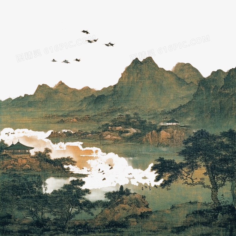 壁画风中国山水的免抠元素