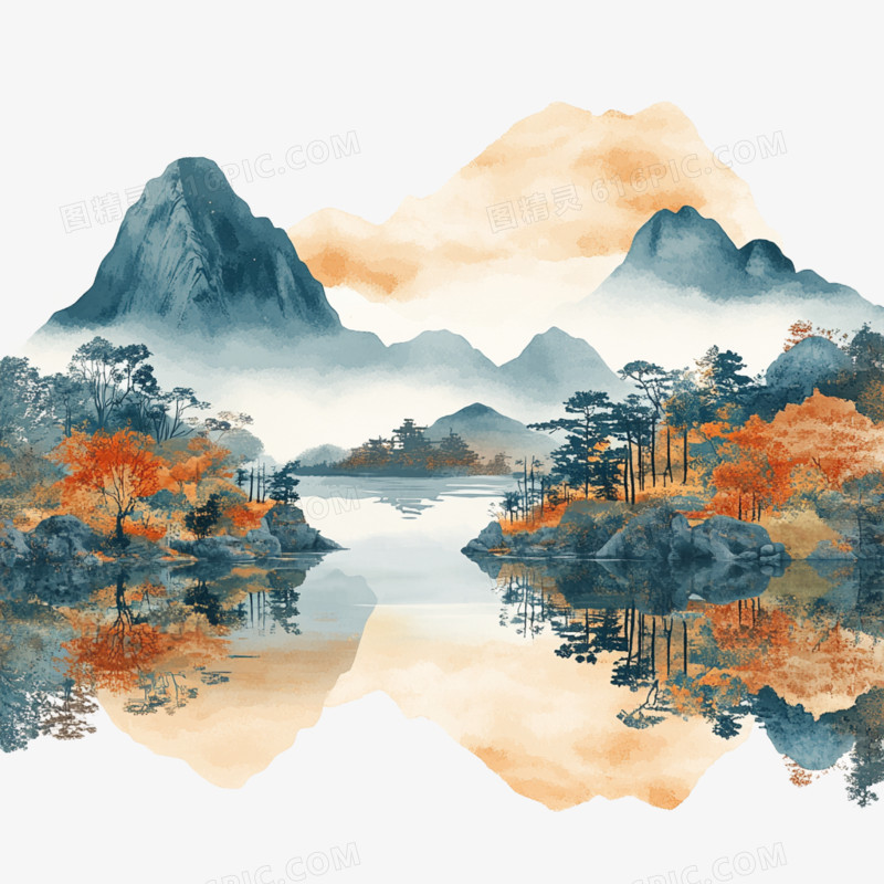 壁画风中国山水的免抠元素