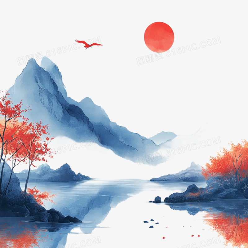 壁画风中国山水的免抠元素