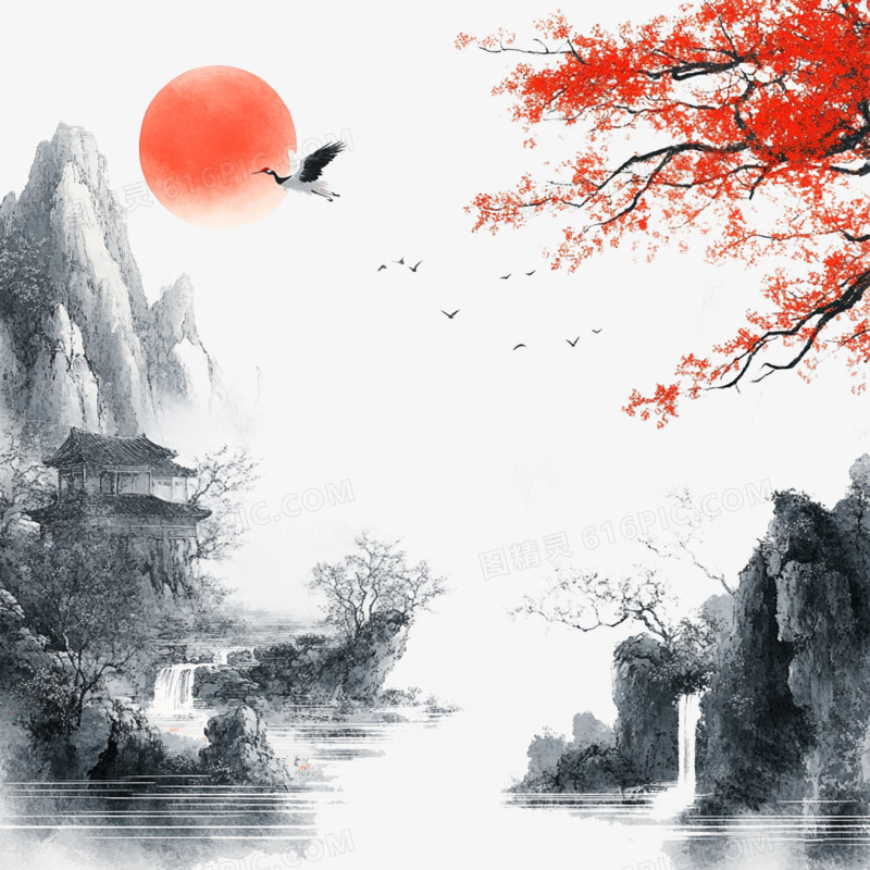 壁画风中国山水的免抠元素