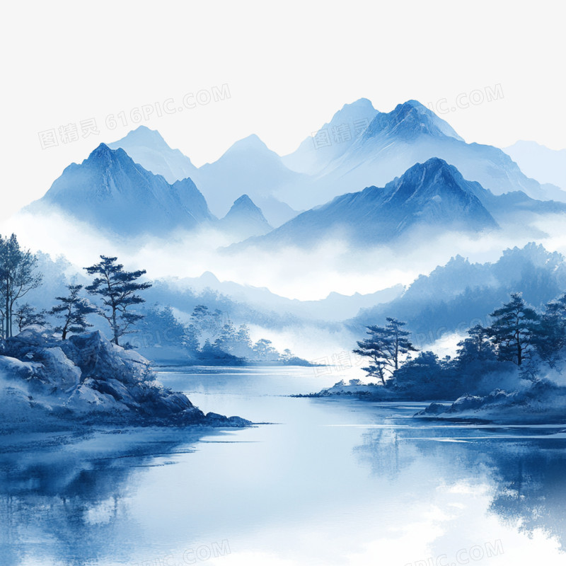 壁画风中国山水的免抠元素