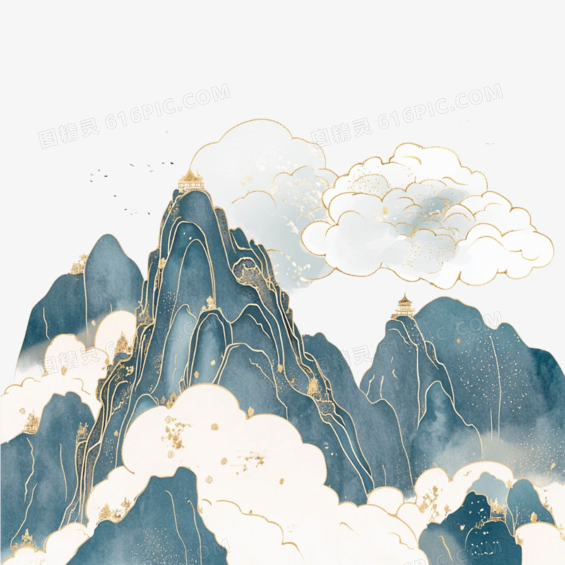 国潮风插画山水免抠素材