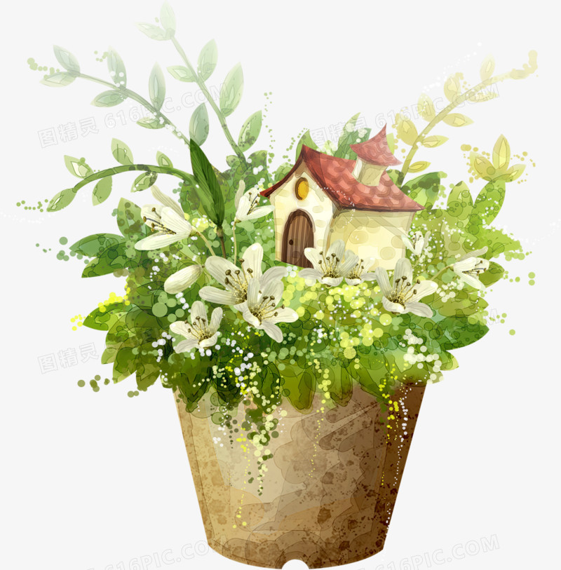 卡通手绘清新绿叶红房子花盆