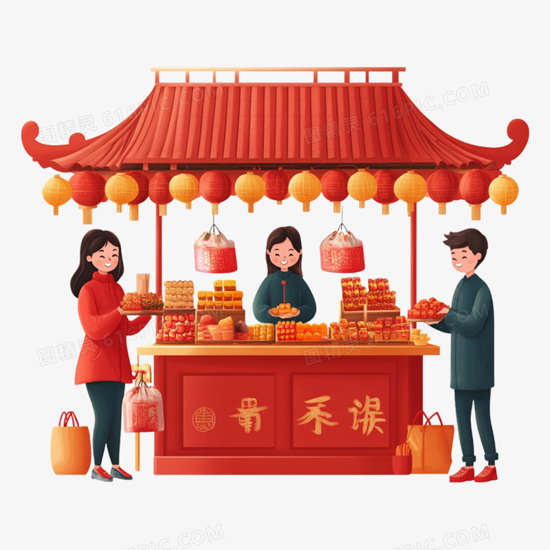 手绘插画中国新年集市免抠元素