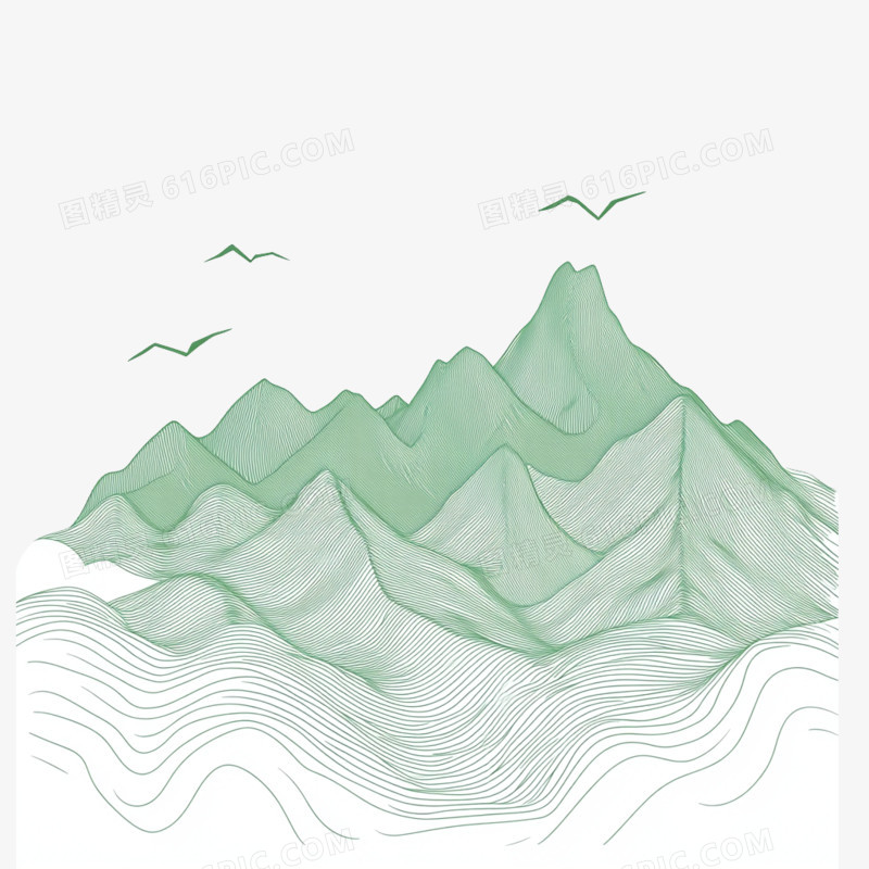 中式绿色线条山水和小鸟免抠元素