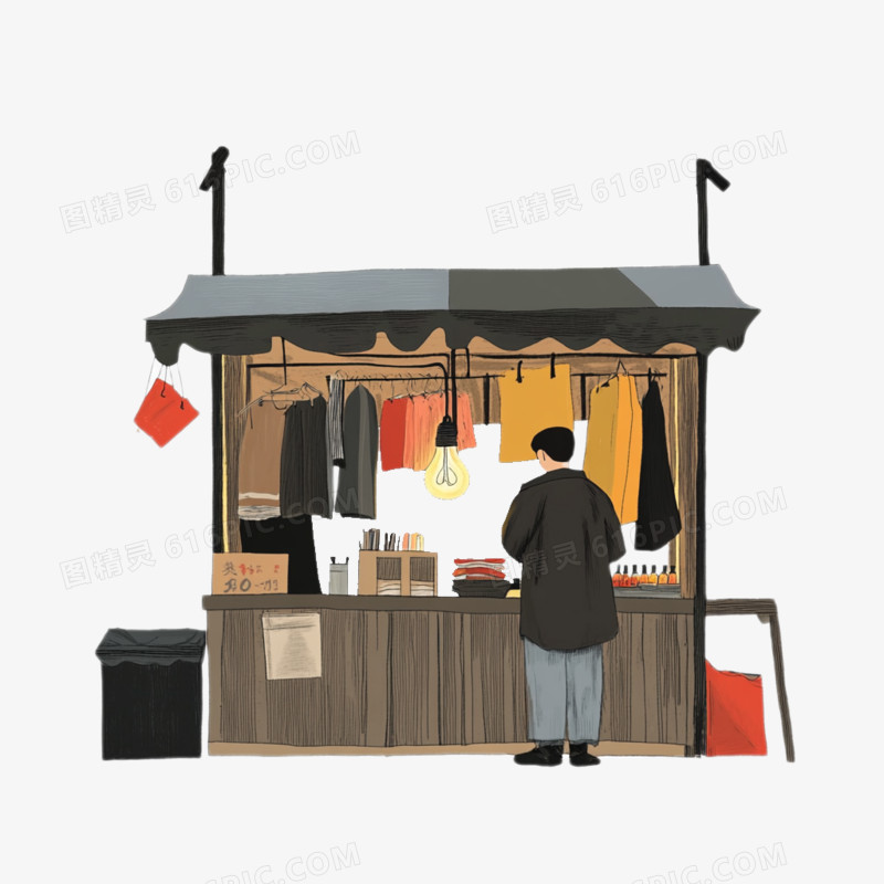 插画夜市卖衣服的摊位免抠元素
