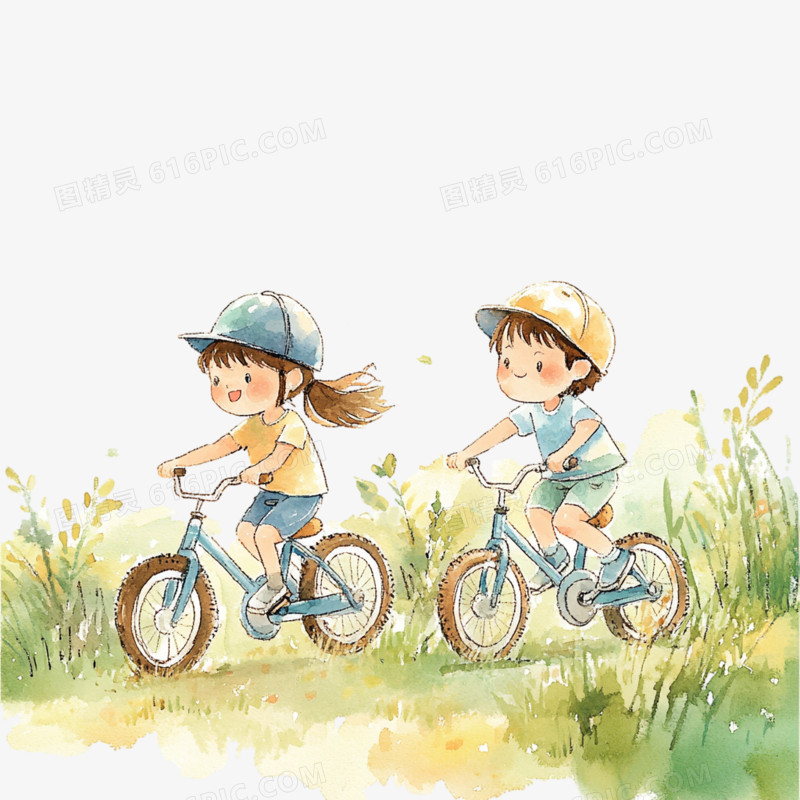 水彩春季活动骑自行车免抠元素