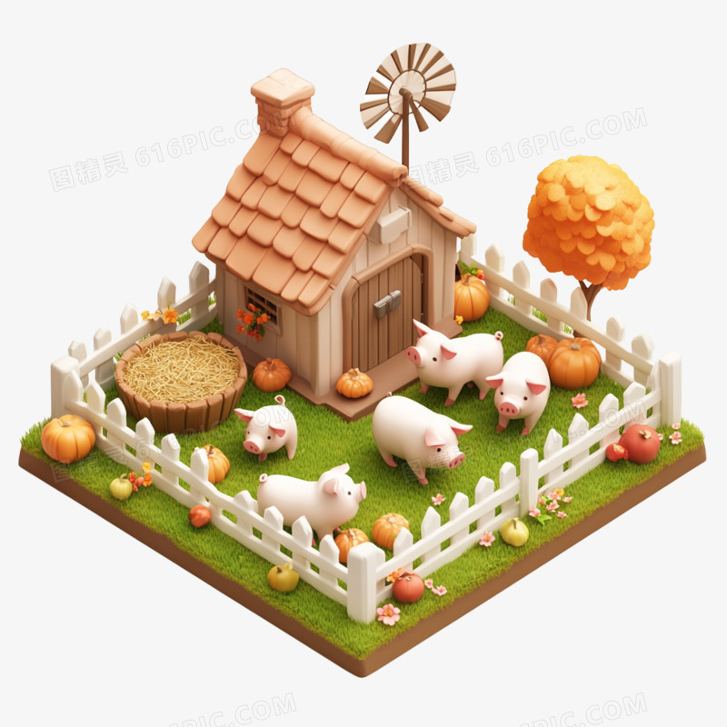 3D插画畜牧业养猪免抠元素