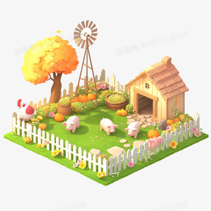 3D插画畜牧业养猪免抠元素