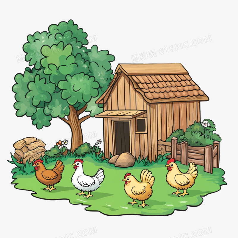 插画畜牧业养鸡鸡笼免抠元素