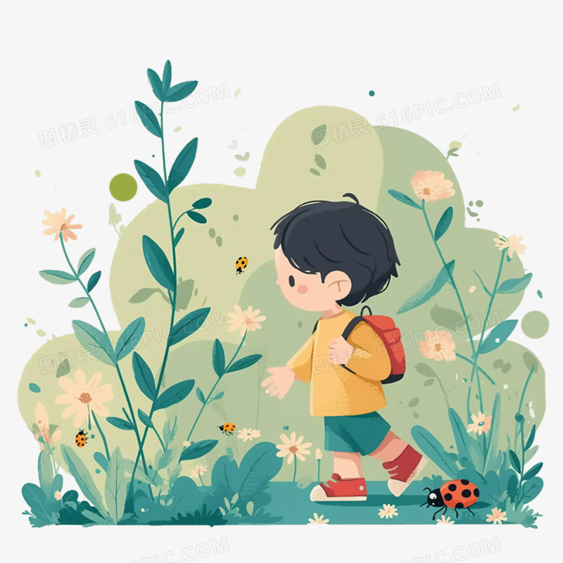 手绘春天可爱男生春游元素