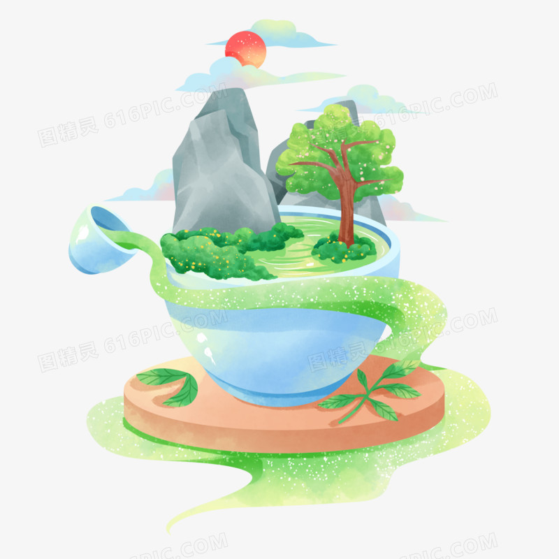 插画风茶杯微景观免抠元素