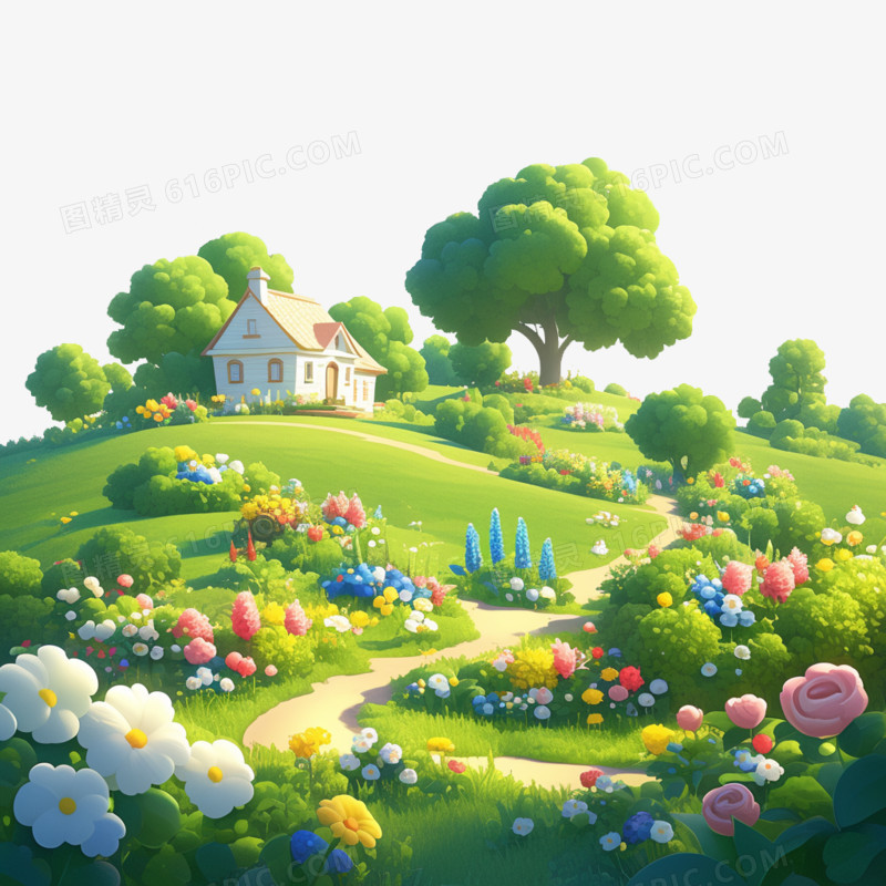3D卡通春天草地和房屋免抠元素