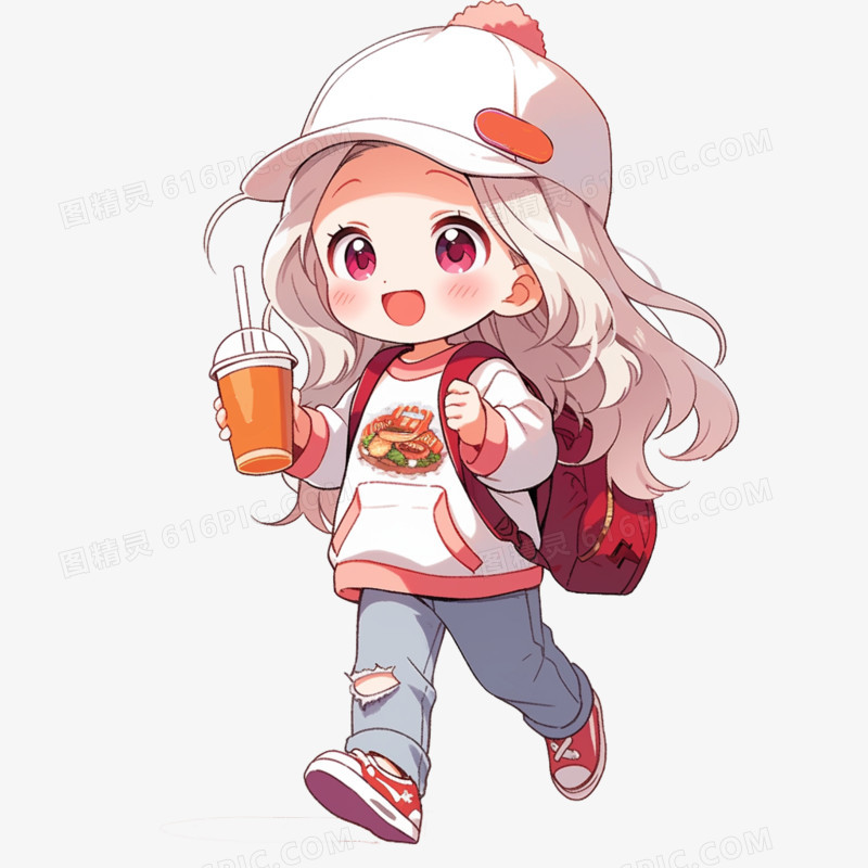 插画吸管饮料可爱人物喝饮料免抠元素