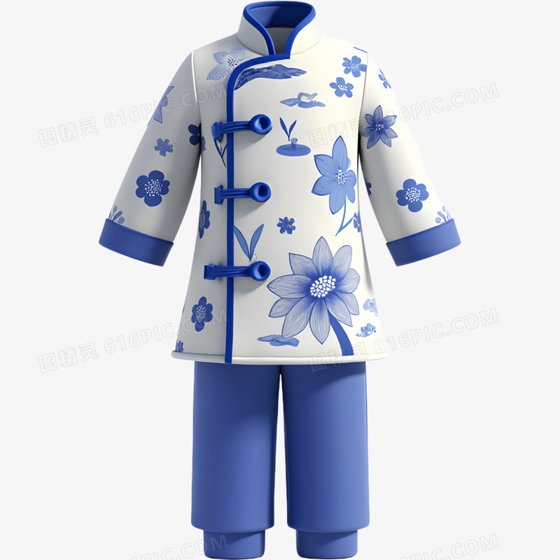 3D青花瓷中式衣服免抠元素