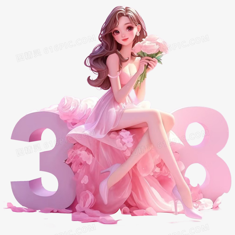 3D卡通手绘女王与38数字合影创意插画元素