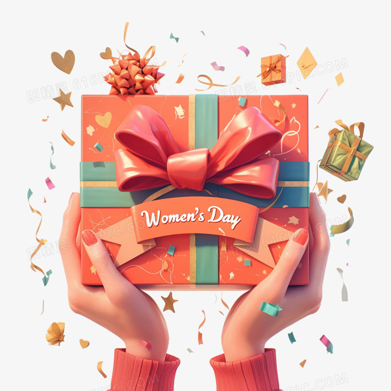3D卡通双手捧着Women's day礼盒免抠元素