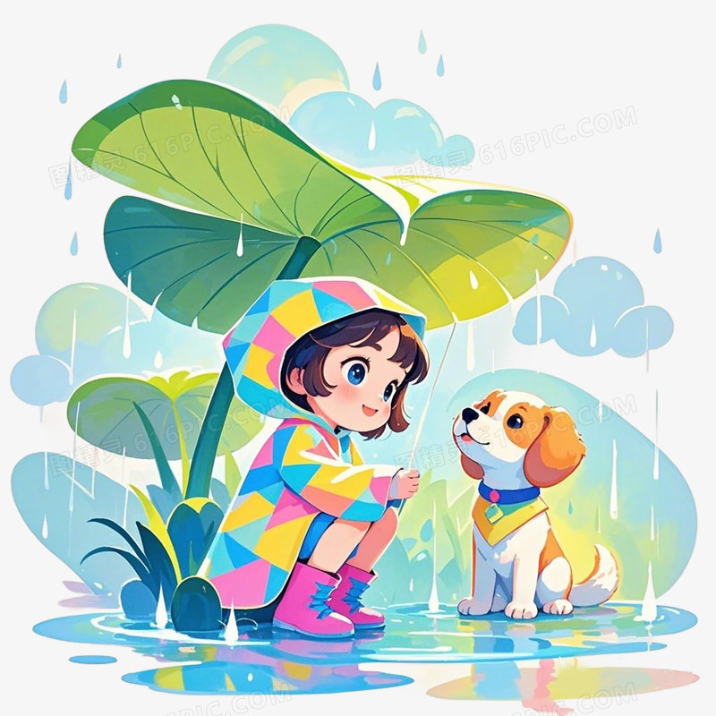 在叶子下躲雨的小女孩免抠元素