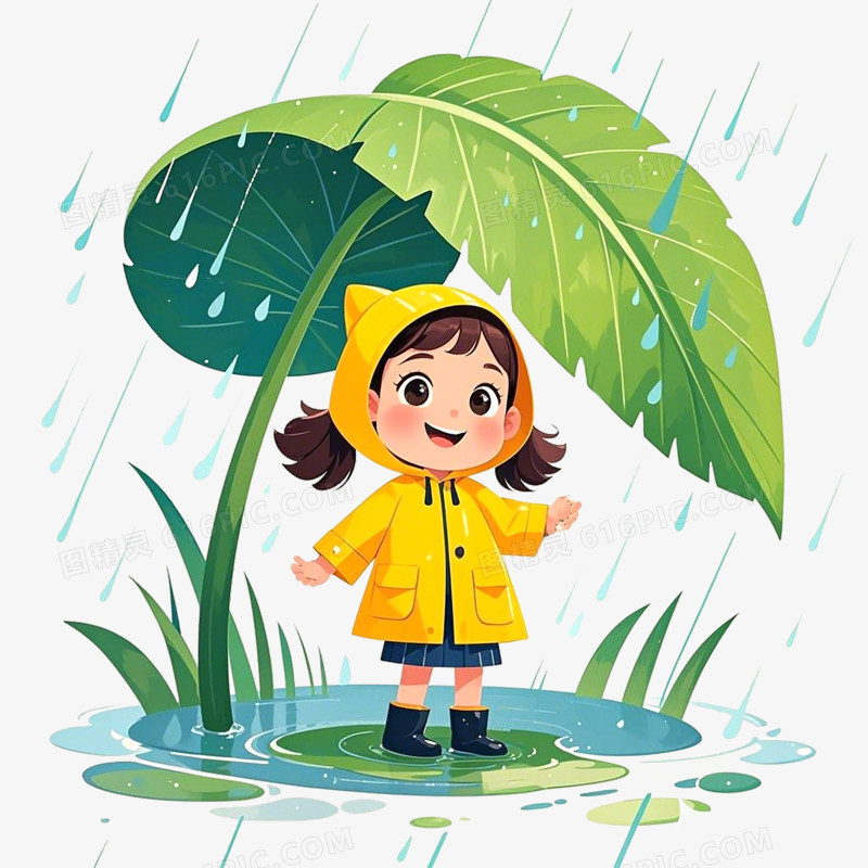 在叶子下躲雨的小女孩免抠元素