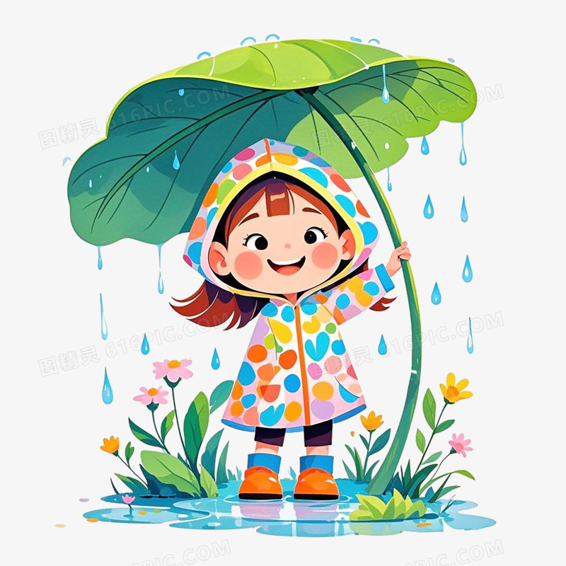 在叶子下躲雨的小女孩免抠元素