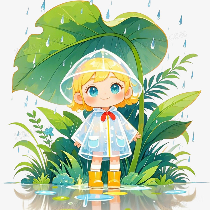 在叶子下躲雨的小女孩免抠元素