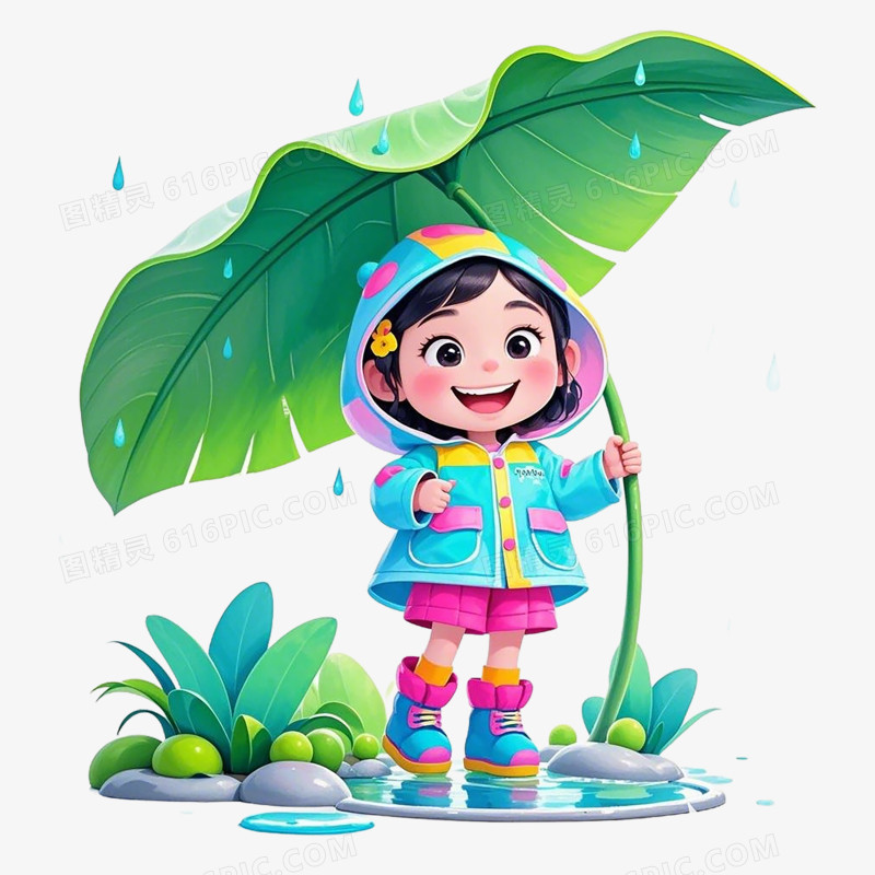 在叶子下躲雨的小女孩免抠元素